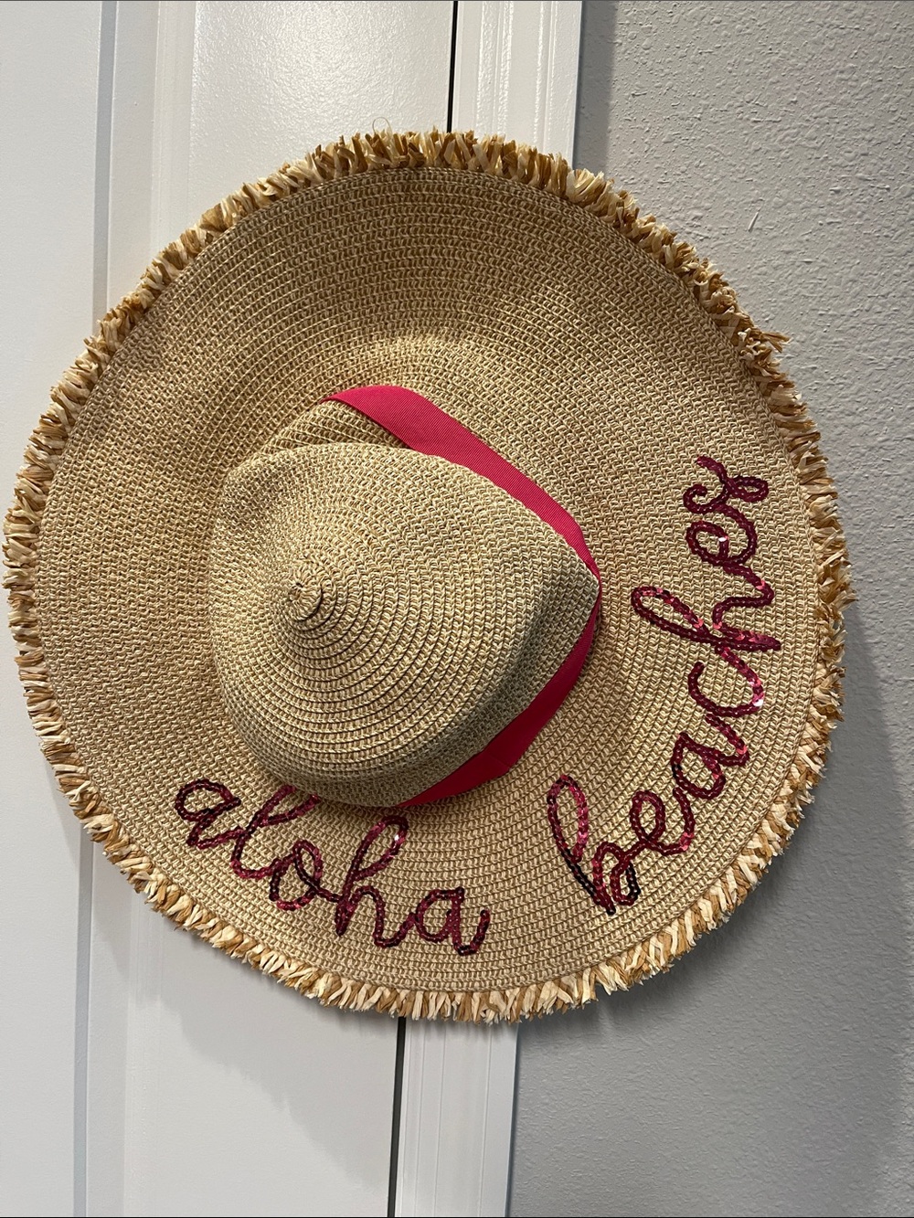 Mud Pie Straw Sun Hat with Pink Band and Pink Embellished Aloha Beaches NWOT